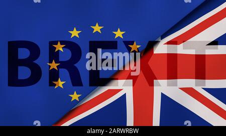 Brexit. EU- und UK-Flaggen, die den Nachrichtenhintergrund brechen. Hochwertige 3D-Darstellung Stockfoto