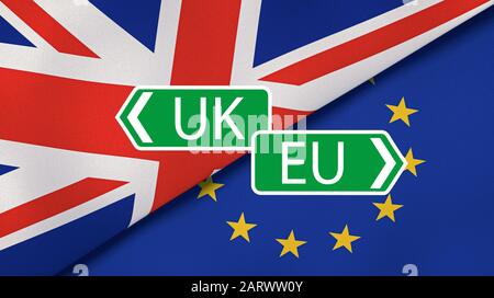 Brexit. EU- und UK-Flaggen, die den Nachrichtenhintergrund brechen. Hochwertige 3D-Darstellung Stockfoto