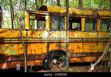 Nahaufnahme der Seite eines Old Scrap School Bus in einem Junk Yard Stockfoto