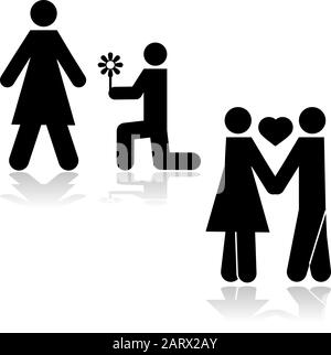 Symbol-Darstellung, die einen Mann kniet mit einer Blume vor einer Frau und dann das Paar Hand in Hand Stock Vektor