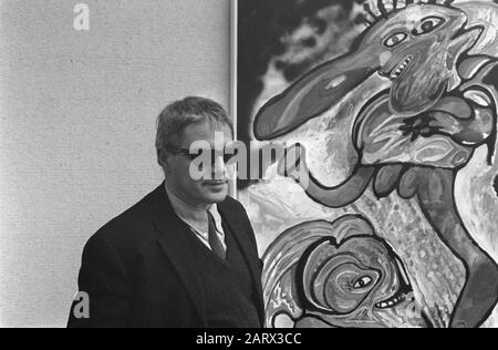 Ausstellung von Gemälden, Gouachen, Zeichnungen und Grafiken von Lucebert im Stedelijk Museum, Amsterdam Lucebert zum Malen von Het Heering, Kopf/Datum: 18. April 1969 Standort: Amsterdam, Noord-Holland Schlüsselwörter: Kunst, Künstler, Museen, Ausstellungen Name Der Institution: Lucebert Stockfoto