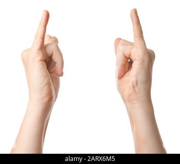 Hände der Frau auf weißem Hintergrund Stockfoto