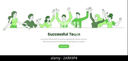 Erfolgreiche Vorlage für Web-Banner im Team. Unternehmen, Corporate Team Building Website Landing Page Konzept. Freundliche Kollegen, Büroangestellte skizzieren Illustration mit Textbereich Stock Vektor