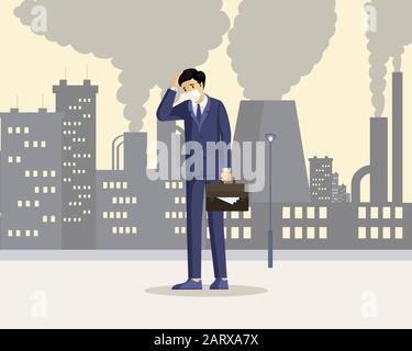 Mann, der an einer flachen Abbildung mit Smog leidet. Männliche Arbeiter fühlen sich in verschmutzter Stadt ungesund, atmen Staub, rauchen Cartoon-Charakter. Industrieemissionen, urbane Kontamination mit gefährlichen Schadstoffen Stock Vektor