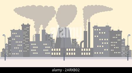 Industrieviertel Stadtbild flache Vektorgrafiken. Plant, die Rauch, Gasabfälle und Staub aussendet, Hintergrund des Zeichentrickfilms. Städtische Luftverschmutzung, Umweltverschmutzung mit Gefahrenemissionen, CO2-Problem Stock Vektor