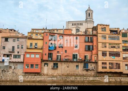 Die Häuser am Fluss Onyar mit Kathedrale im Hintergrund, Girona, Katalonien, Spanien Stockfoto