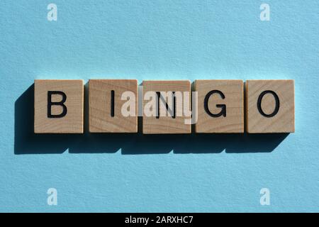 Bingo, Wort in 3D-Buchstaben aus Holzalphabet auf blauem Hintergrund mit Kopierraum Stockfoto