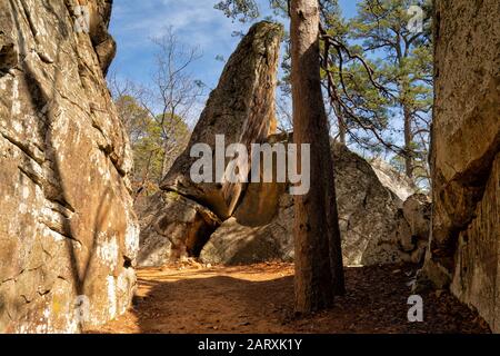 Natürliche Korrale, die von Felsen und riesigen Felsbrocken in der Robber's Cave, Oklahoma, im frühen Frühjahr gebildet wurden Stockfoto