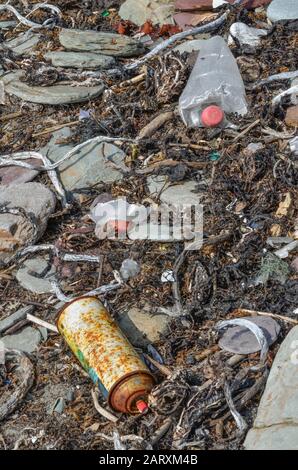 Mischung aus Hausmüll (Plastikflasche und Aerosoldose), die an Land gespült und an der Küste verschmutzt wird. Für die Verschmutzung durch Kunststoffe und Umweltverschmutzung. Stockfoto