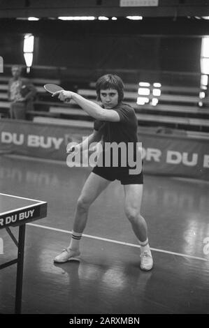 Training für Tischtennis-Europameisterschaften in Energiehal in Rotterdam; Weltmeister Stellan Bengtson (Schweden) im Einsatz Datum: 14. April 1972 Ort: Rotterdam, Zuid-Holland Schlagwörter: Tischtennis, Meisterschaften Stockfoto