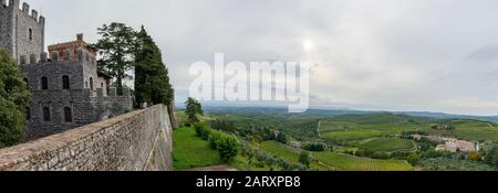 Die Hügel, Gärten und Weinberge in der Nähe des Schlosses Brolio in Chianti, Toskana Stockfoto