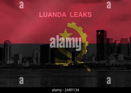 Sequenz der Bucht von Luanda oder Marginal de Luanda mit angolanischer Flagge überlagert. Bildunterschrift zur Korruption in angolanischer Sprache Stockfoto