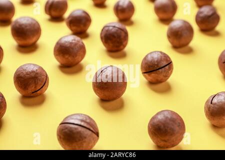 Lecker Macadamianüsse auf farbigen Hintergrund Stockfoto