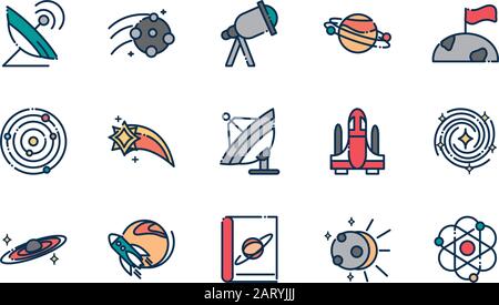 Symbole der Beobachtungswissenschaften für Astronomie und Weltraumforschung auf weißer Hintergrundvektorillustration Stock Vektor