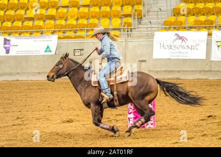 Konkurrent im Australian Barrel Horse Association National Finals Stockfoto