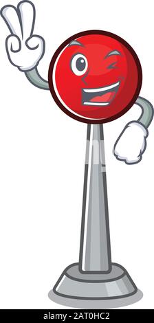 Smiley-Maskottchen von Antennen-Zeichentrickfigur mit zwei Fingern Stock Vektor