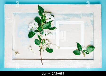 Kulisse für das Frühlingskonzept. Romantischer Blumenhintergrund. Apfelbaum verzweigung auf Holzhintergrund im Retro-Stil. Stockfoto