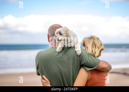 Mann und Frau umarmen und halten einen kleinen süßen weißen Hund an der Schulter Stockfoto