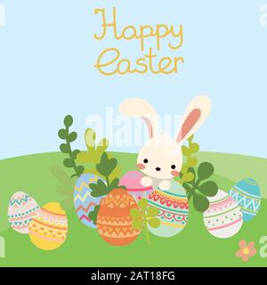 Vektor Osterhasen mit Eiern, Blumen. Landschaft Stock Vektor