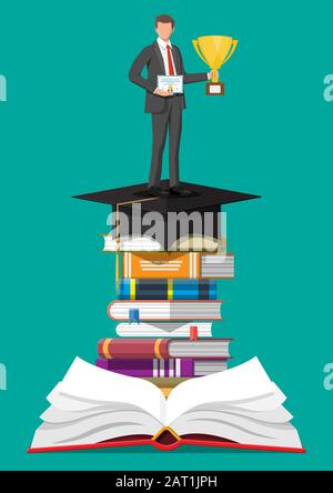 Geschäftsmann mit Trophäe auf dem Stapel von Büchern. Stock Vektor