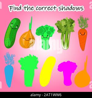 Finden Sie den richtigen Pflanzenschatten. Lernspiel für Kinder. Finden Sie den richtigen Schatten. Aktivitäten für Kinder mit Zeichentrickgemüse. Stock Vektor