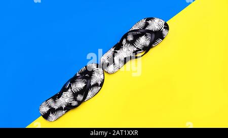 Flip-Flops mit tropischem Muster auf klassischem blau-gelbem Hintergrund. Exotisches Urlaubskonzept. Stockfoto