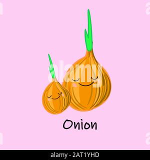 Süßes Cartoon-Gemüse mit Lächeln auf den Gesichtern und Emotionen. Karten FÜR KINDERERZIEHUNG. Süßer Gemüsearakter. Stock Vektor