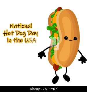 National Hot Dog Day Poster mit lustigen Cartoon Hot Dog. Hot Dog Day Label oder Stempel. Stock Vektor