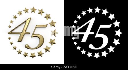 Nummer 45 (Nummer fünfundvierzig) Jubiläumsdesign mit einem Kreis goldener Sterne auf weißem Hintergrund mit Schatten und Alphakanal. 3D schlecht Stockfoto