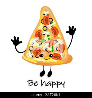 Pizza ist ein süßer Charakter mit einem Gesicht. Schneiden Sie Pizza auf einem Teller. Gelber Hintergrund. Für Ihr Unternehmen, Pizzeria, Restaurantlogo zur Dekoration der Speisekarte Stock Vektor