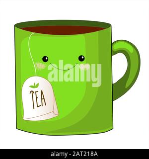 Cute Teetasse Charakter. Süße Teebeutel mit niedlichen Gesichter. Emoji doodle Objekte. Cute Teebeutel. Cup emoji mit Wangen und Augen. Farbige schöne Stock Vektor