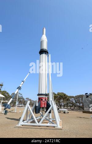 Die Black-Knight-Rakete war ein Fahrzeug, das für einen schnellen Wiedereintritt verschiedener Köpfe ausgelegt war. 1958 Getestet. Woomera Heritage Center, South Australia, Stockfoto