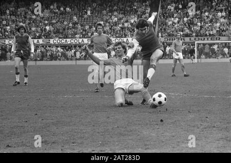 Feyenoord V Volendam 2-0, Wim van Hanegem (rechts) Aktionsdatum: 3. April 1972 Ort: Noord-Holland, Volendam Schlüsselwörter: Sport, Fußball persönlicher Name: Hanegem, Willem van Institutionname: Feyenoord Stockfoto