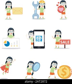 Set von Charakter Woman nerd mit süßer Frisur. Stock Vektor