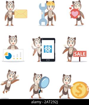 Satz von Charaktermann mit lustiger Eulentracht. Stock Vektor