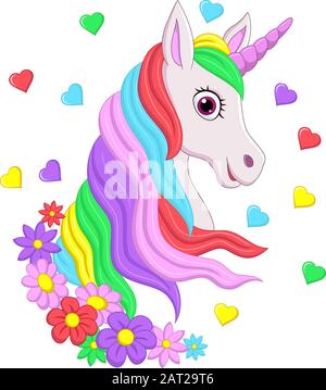 Süßer, rosafarbener Einhornkopf mit Regenbogenmane, Blumen und Herzen Stock Vektor