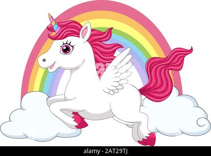 Süßes kleines Pony-Einhorn mit Flügeln auf Wolken und Regenbogen Stock Vektor