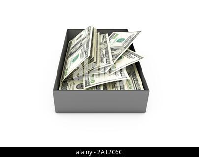 3D-Rendering, Stapel von einhundert Dollar-Banknoten, in Box, isoliert auf weißem Hintergrund. Stockfoto
