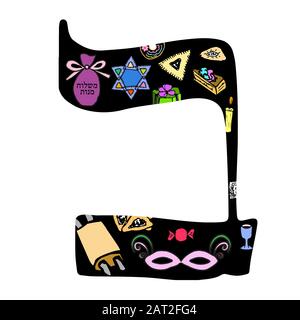 Handzeichnen des hebräischen Alphabets. Schrift Hebräisch Purim, Passah, Shavuot. Hebräische Buchstaben. Vektordarstellung auf isoliertem Hintergrund. Stock Vektor