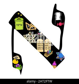 Handzeichnen des hebräischen Alphabets. Schrift Hebräisch Purim, Passah, Shavuot. Hebräische Buchstaben. Vektordarstellung auf isoliertem Hintergrund. Stock Vektor