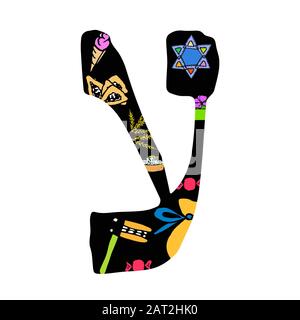Handzeichnen des hebräischen Alphabets. Schrift Hebräisch Purim, Passah, Shavuot. Hebräische Buchstaben. Vektordarstellung auf isoliertem Hintergrund. Stock Vektor