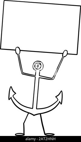 Vektorgrafiken von Zeichentrickschiffen oder Bootsankerzeichen, die leere Zeichen in Hand enthalten.Nautische oder maritime Werbung oder Marketingdesign. Stock Vektor