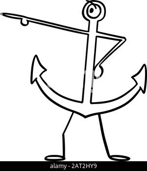 Vektorgrafiken von Zeichentrickschiffen oder Bootsankerzeichen, die etwas von Hand zeigen oder darauf zeigen.Nautische oder maritime Werbung oder Marketingdesign. Stock Vektor