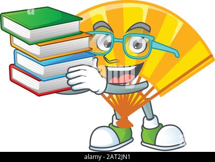 Cooler und cleverer chinesischer Studenten-Klappfan-Maskottchen-Cartoon mit Buch Stock Vektor