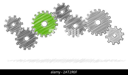 Grau scribble Zahnräder für eine Zusammenarbeit oder Teamarbeit Symbolik mit grünen Führer Stock Vektor