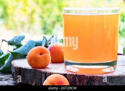 Frischer Aprikosensaft und Aprikosen auf einem Tisch vor dem Hintergrund der Natur. Nahaufnahme. Stockfoto