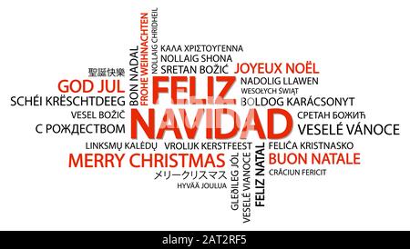 Wort Wolke mit Text Frohe Weihnachten in verschiedenen Sprachen, in der Mitte eine überdimensionale und Fett in Spanisch geschrieben Stock Vektor