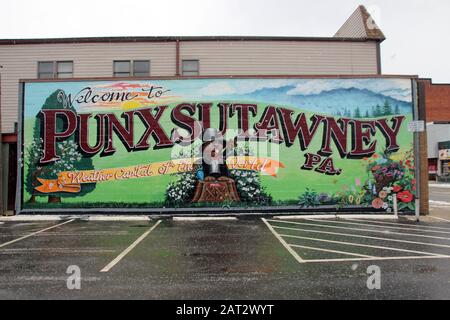 Punxsutawney, USA. Januar 2020. Ein Graffiti zeigt einen Murmeltier auf einem Baumstumpf und die Schrift "Willkommen bei Punxsutawney". In der Kleinstadt Pennsylvania gibt der Murmeltier Phil jedes Jahr im Februar eine Prognose über den weiteren Verlauf des Winters. Dank des erfolgreichen Hollywood-Films "Und der Tageszeitung The Murmot Greets", der dort gedreht wird, gilt der Ort als die Heimat der Murmeltiere. (Zu dpa "Groundhog Day": Und jedes Jahr grüßt Phil von Punxsutawney") Credit: Christina Horsten / dpa / Alamy Live News Stockfoto