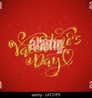 Happy Valentines Tagesvorlage für Grußkarten, Druckdesign, Aufkleber mit handgezeichneter Typografie. Goldene Handschrift über rotem Hintergrund. Vektorgrafiken. Stock Vektor