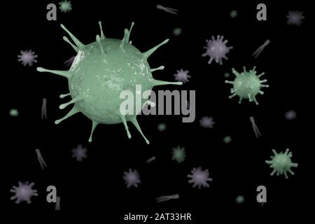 3D-Rendering-Mikroskop-Virus Nahaufnahme. 3D-Abbildung Viren, die Infektionskrankheiten verursachen, verringerte Immunität Beispiel Hepatitis, H1N1, HIV, GRIPPE, HILFE Stockfoto